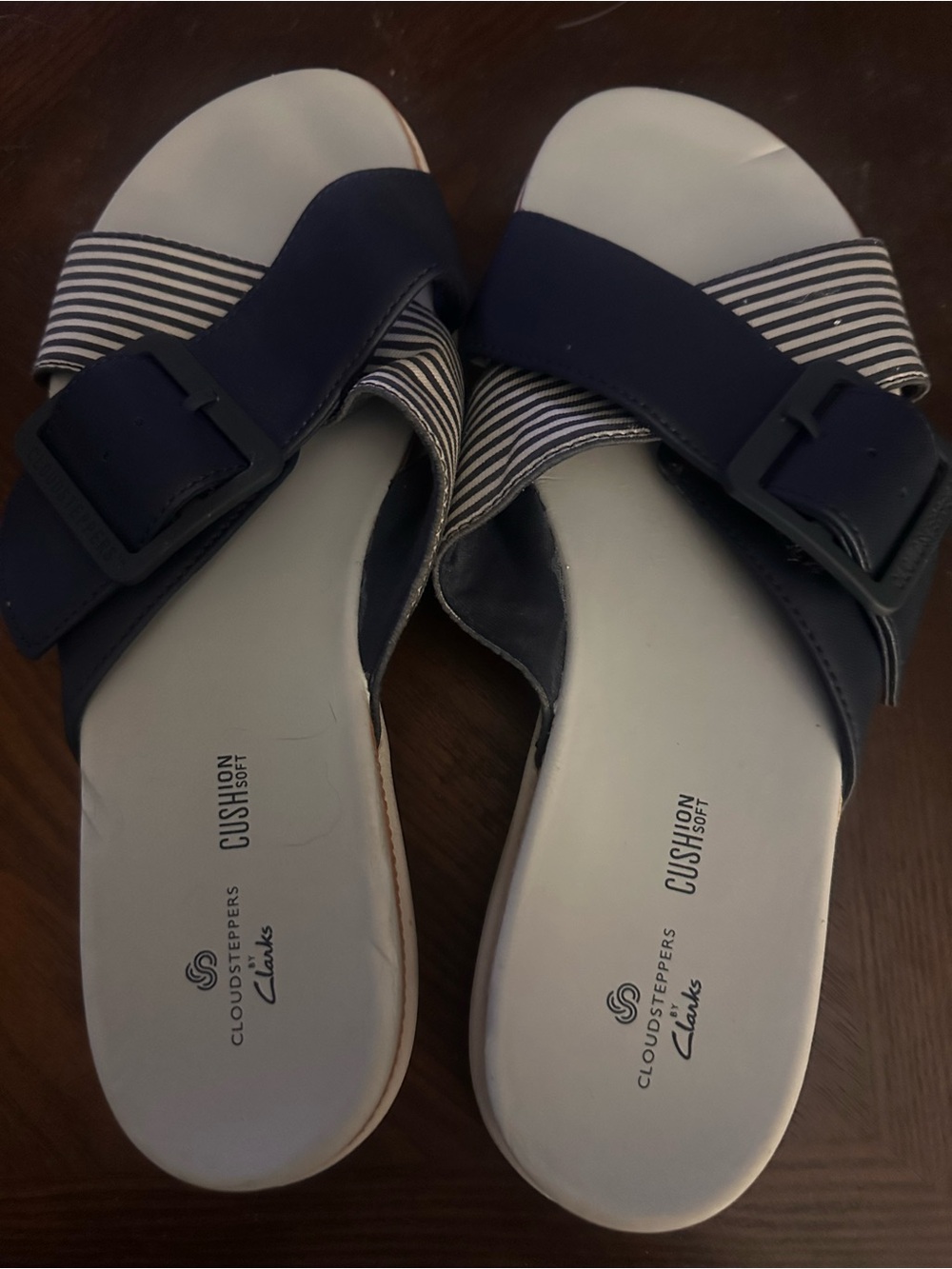 Clarks Navy and White Slide Sandals with Buckle Detail
